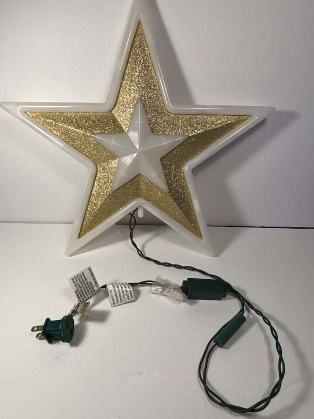 Lighted Double Star Christmas Tree Topper with Gold Glitter Accent